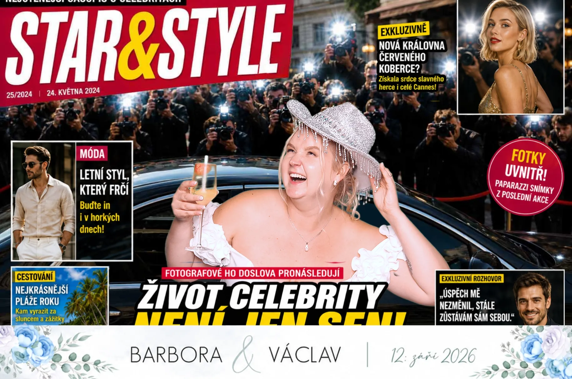 Novomanželé s úsměvem ukazují své čerstvě vytištěné fotopásky ze svatebního fotokoutku KUBÍKOMAT